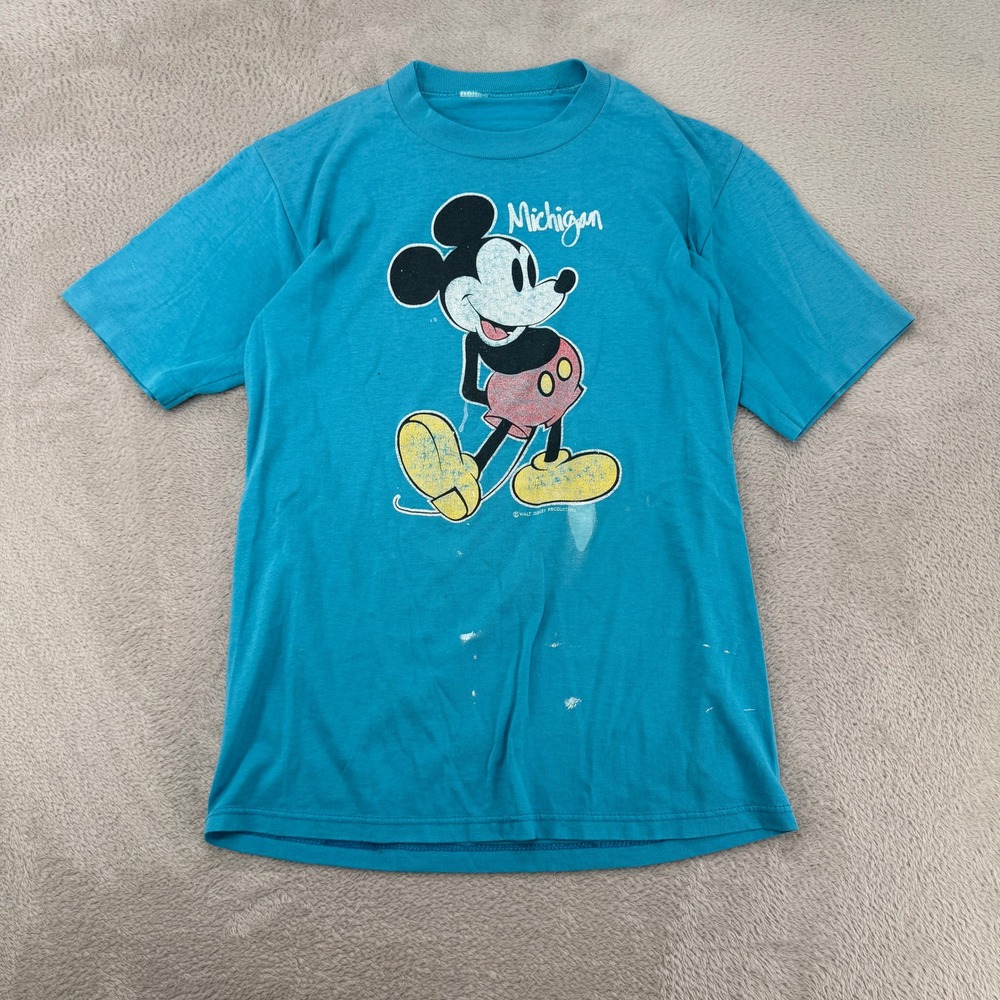 Vintage 90s Walt Disney Mickey Mouse Michigan Shirt‎ Mens Small Blue Flaws
